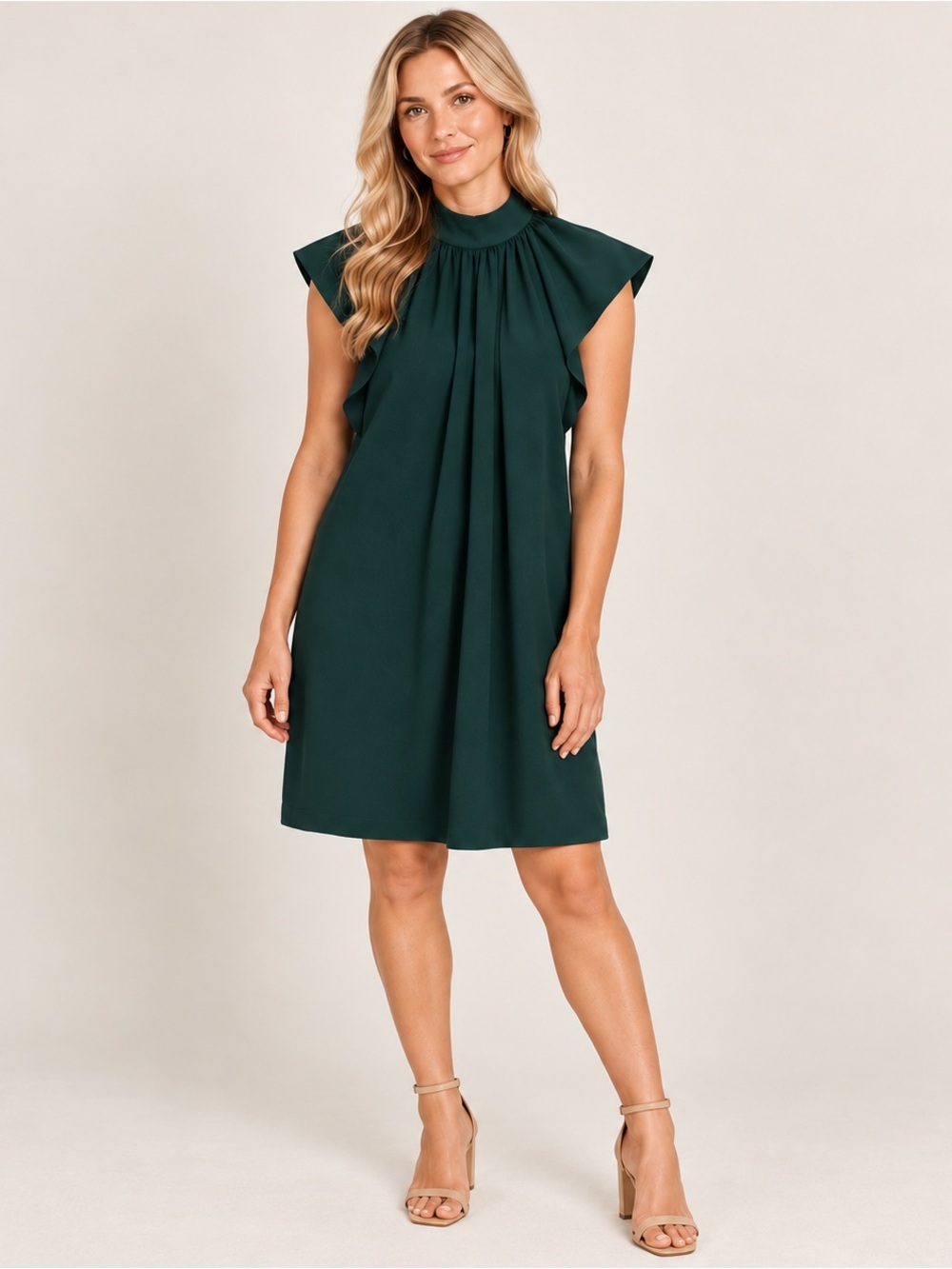 NWT Calvin Klein Mock Neck Flutter Sleeve Knee Length Crepe Dress Hunter Green